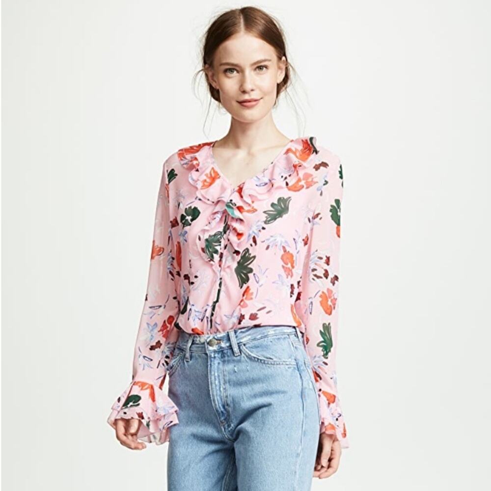 C/MEO COLLECTIVE Pink Floral Ruffle‎ Blouse Elude M NWT Colorful Bright
